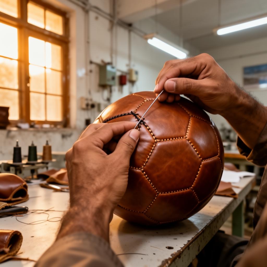 Artisan hand-stitching a leather football